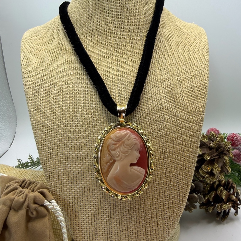 Elegant Cameo Pendant Necklace in Gold and Pink - Picture 4 of 9